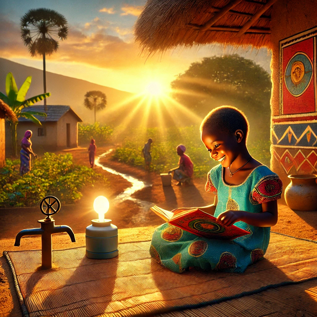 DALL·E 2025-03-17 18.17.05 - A serene African village at sunrise, where a young girl sits on a woven mat outside her home, reading a colorful book written in her native language.